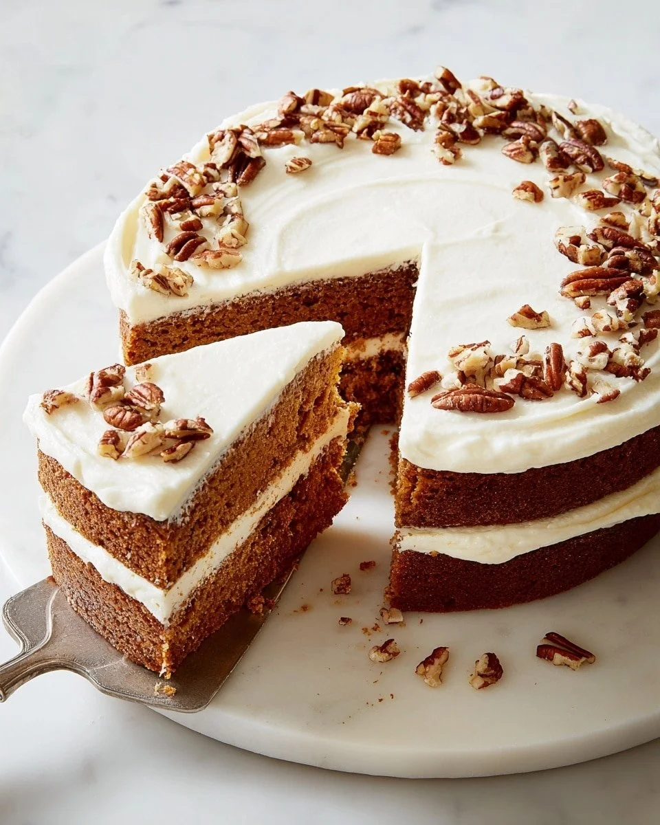 Sweet potato cake with marshmallow frosting and toasted pecans on a plate