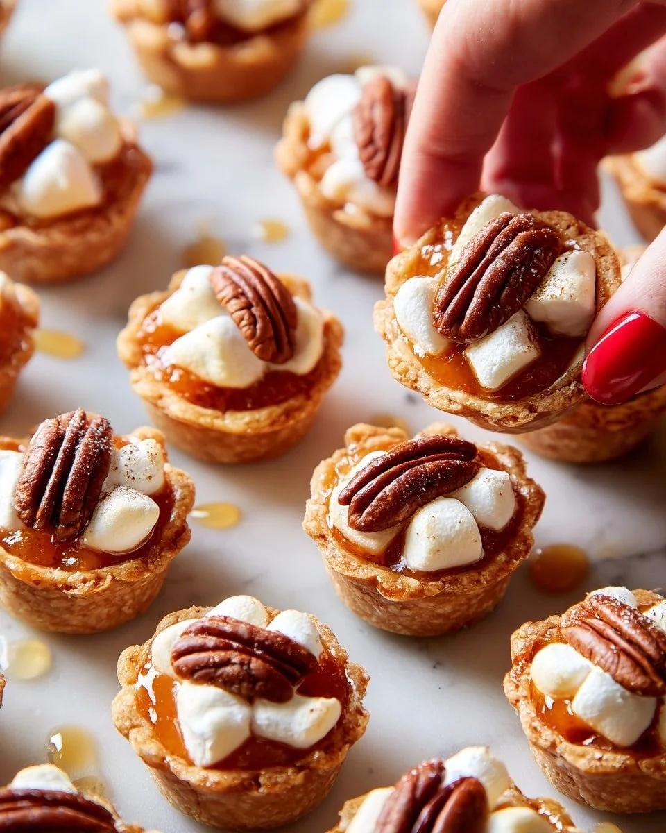 Sweet potato crescent bites topped with marshmallows and pecans on a plate