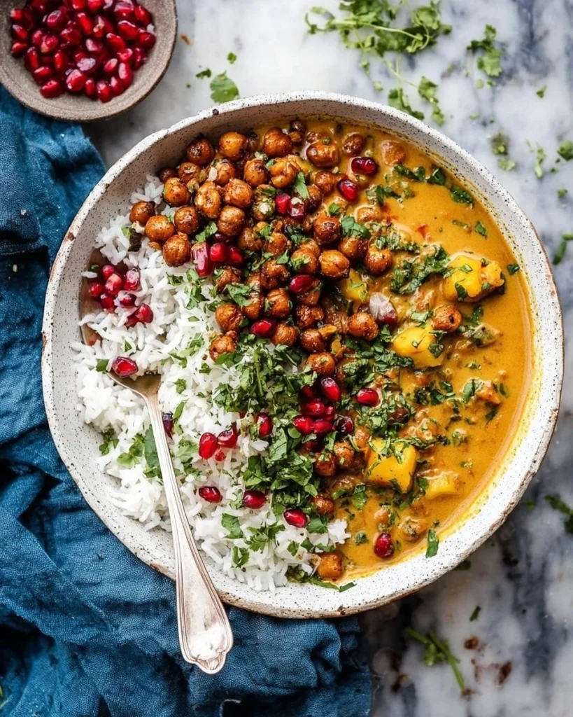 Delicious Sweet Potato Lentil Curry topped with crispy sesame chickpeas.