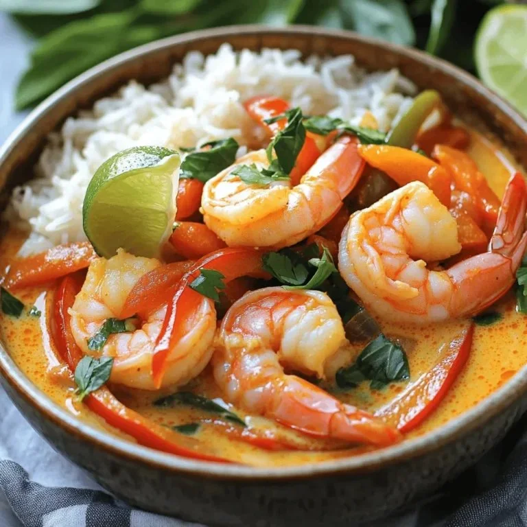 Bowl of Thai coconut shrimp curry served with fresh herbs and rice.