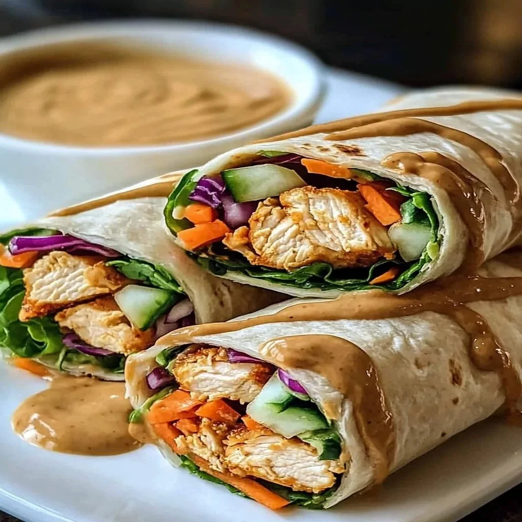 Thai Peanut Chicken Wraps with fresh vegetables and peanut sauce