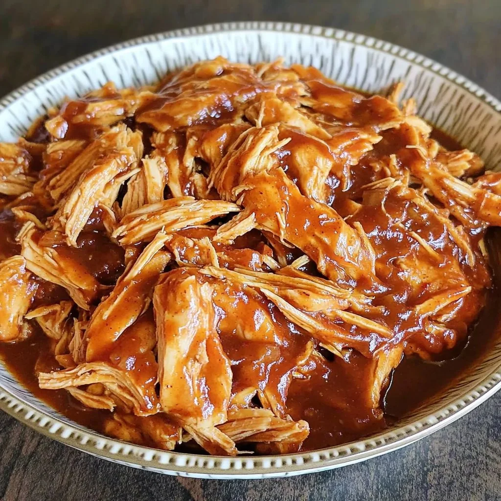 Crockpot BBQ chicken served on a plate with garnishes.