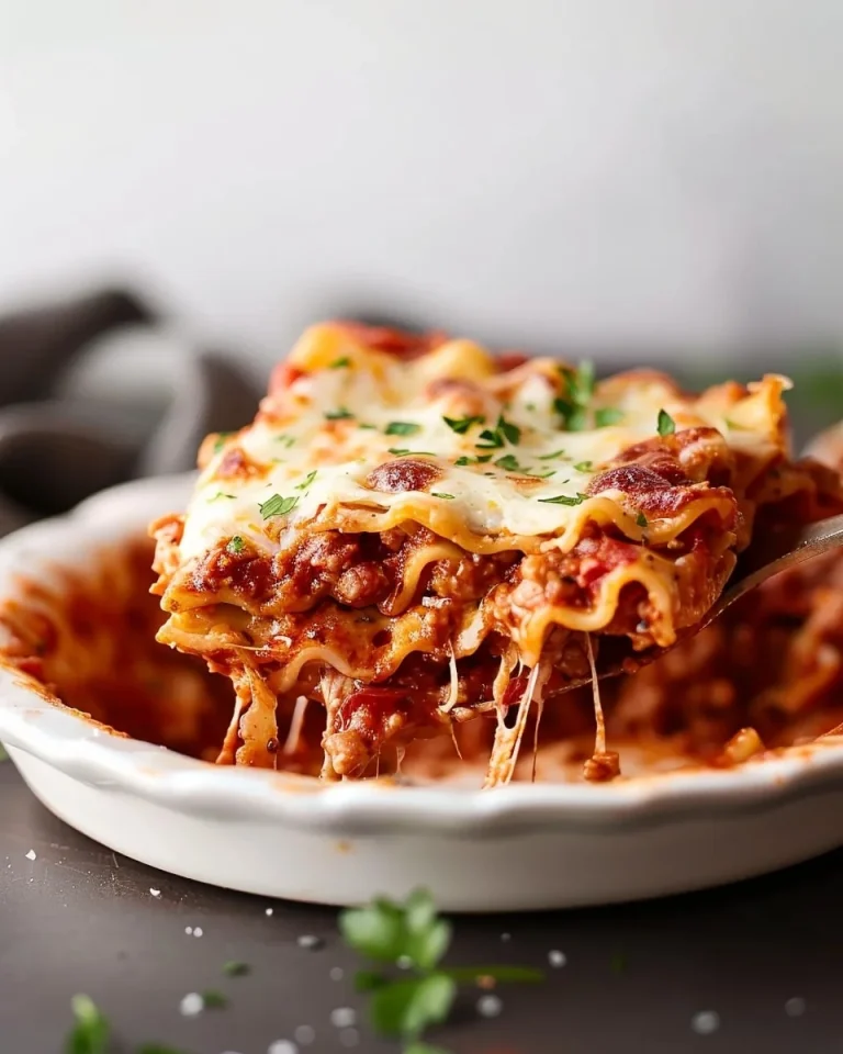Delicious homemade lasagna topped with melted cheese and fresh herbs.