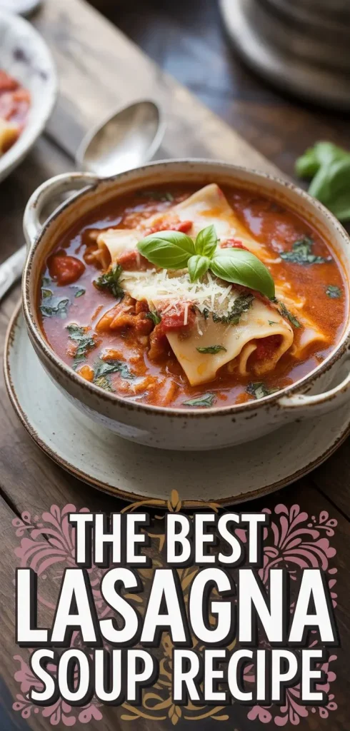 Bowl of delicious lasagna soup topped with cheese and herbs