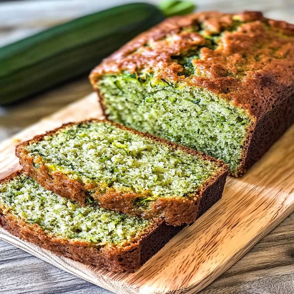 Delicious low sugar zucchini bread loaf on a wooden cutting board.