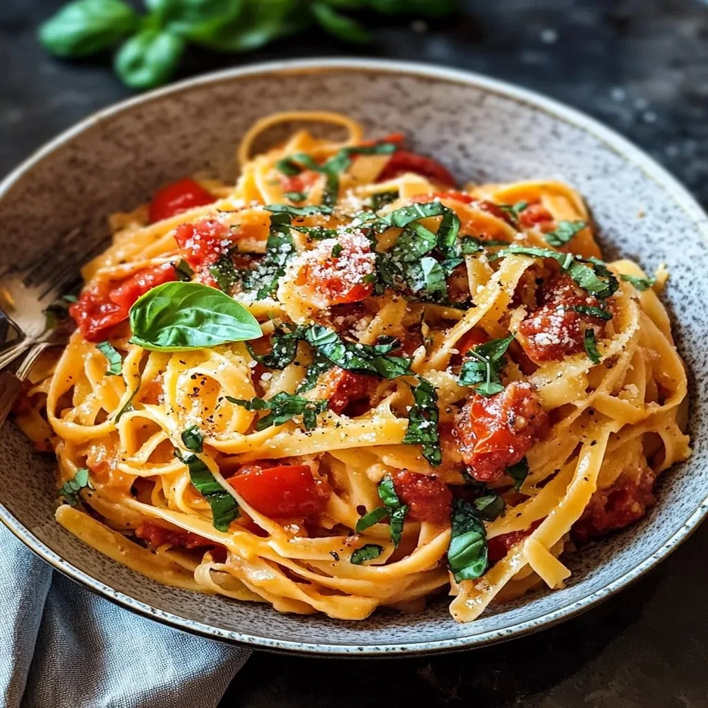 Delicious bowl of Tomato Basil Pasta garnished with fresh basil leaves
