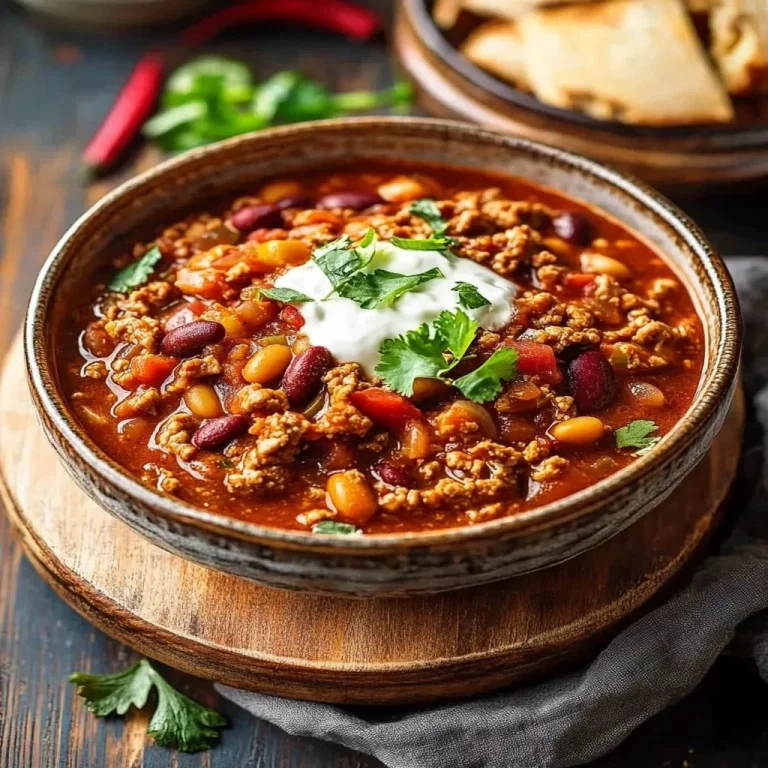 Bowl of hearty Turkey Chili topped with cilantro and served with cornbread