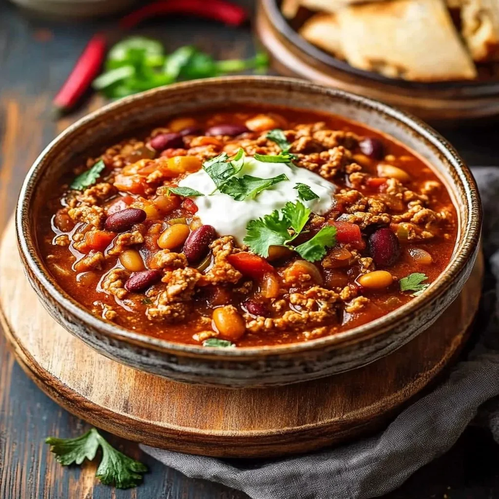 Bowl of hearty Turkey Chili topped with cilantro and served with cornbread