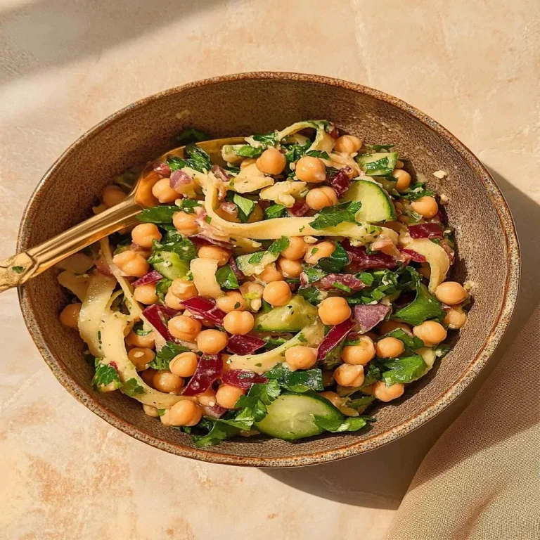 A vibrant bowl of Turkish chickpea salad with fresh vegetables and herbs.