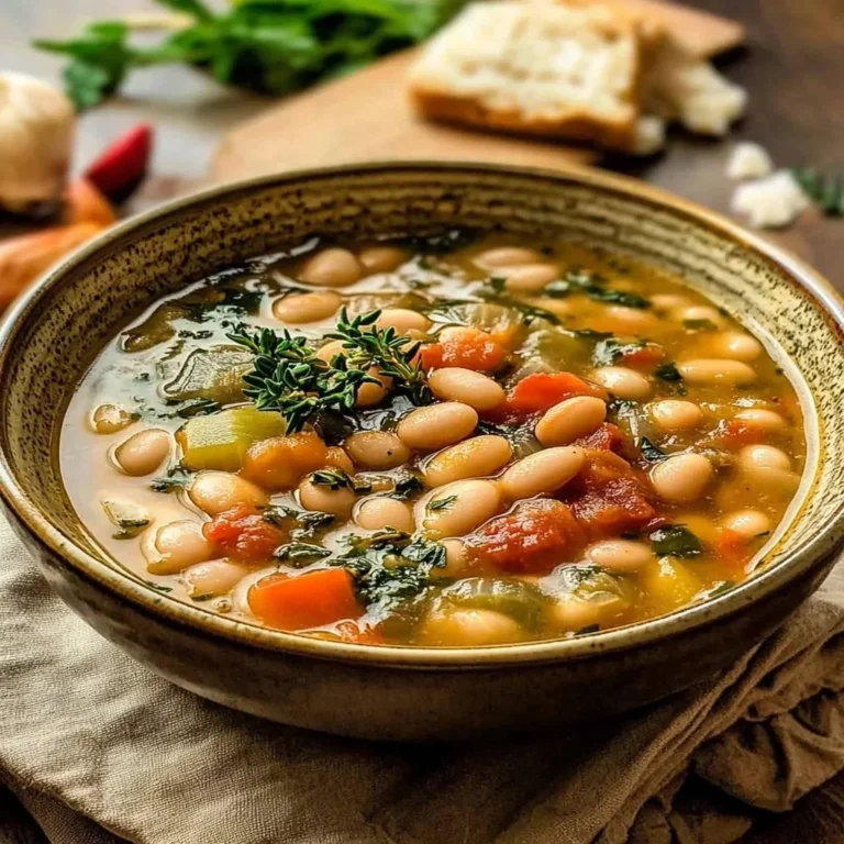 Bowl of delicious Tuscan white bean soup garnished with herbs