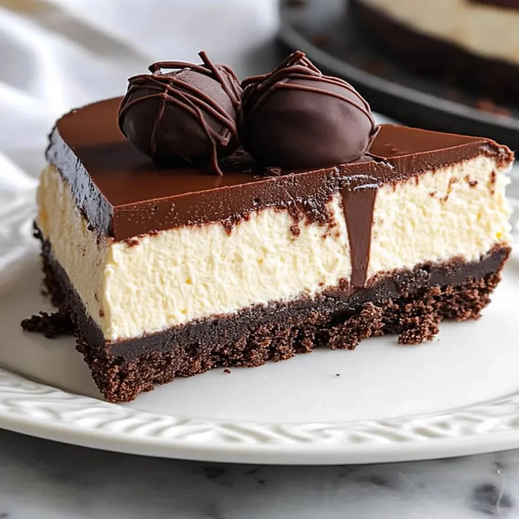 Slice of Ultimate Chocolate Fudge Truffle Cheesecake topped with chocolate shavings