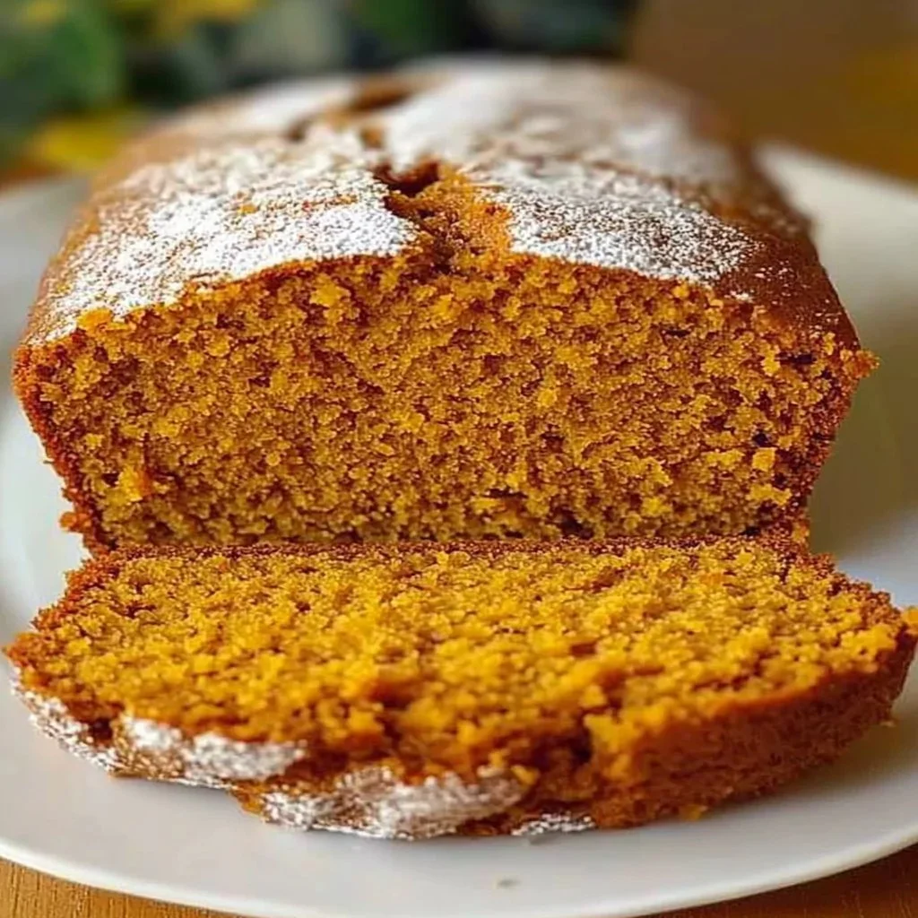 Slice of Vanilla Pudding Pumpkin Bread topped with nuts on a wooden table