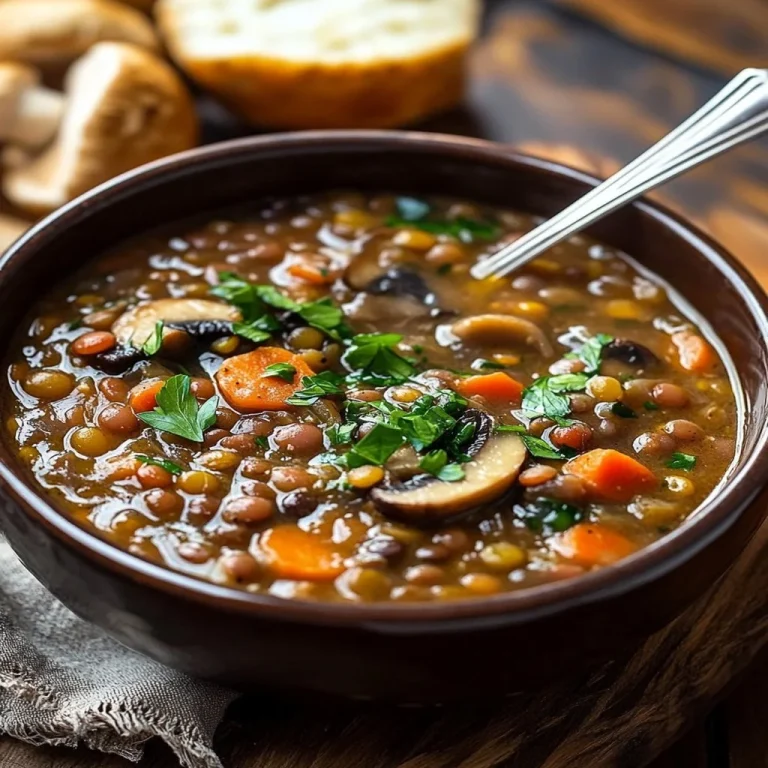 Bowl of vegan lentil mushroom stew with fresh herbs, garnished for presentation.