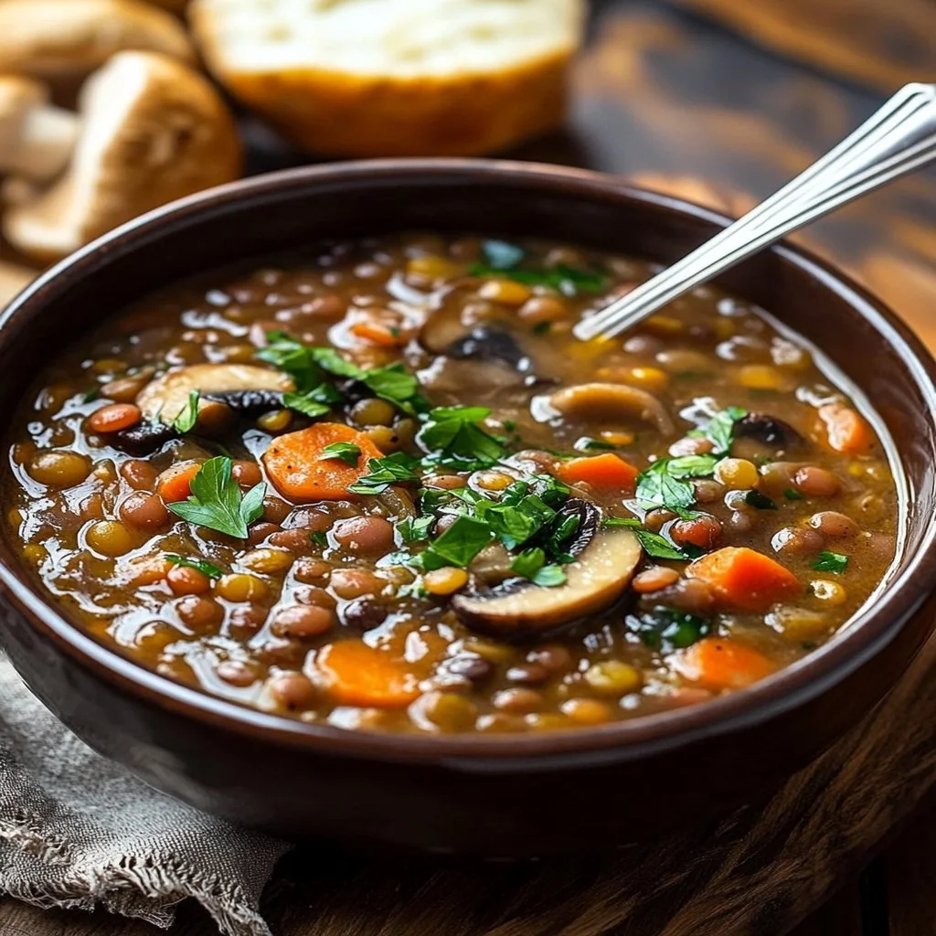 Bowl of vegan lentil mushroom stew with fresh herbs, garnished for presentation.