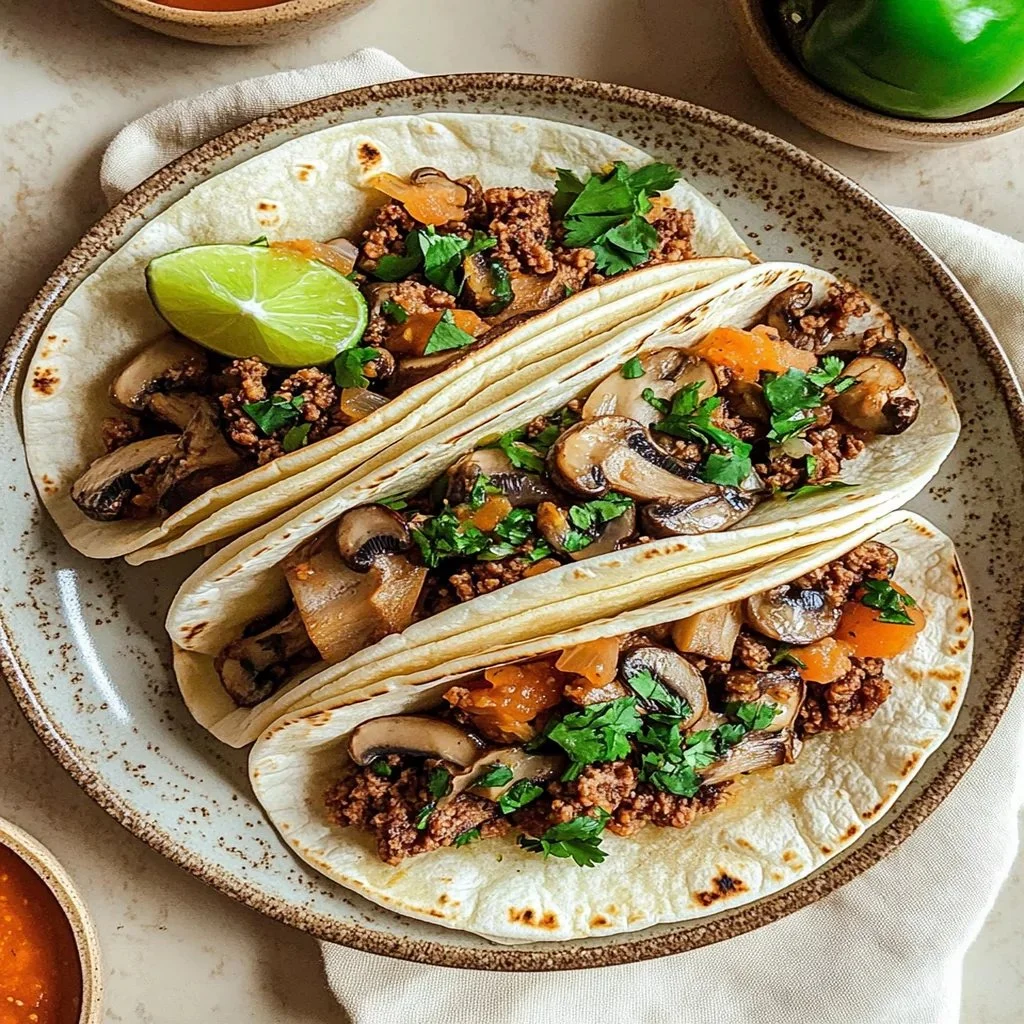 Vegan mushroom tacos topped with fresh cilantro and avocado