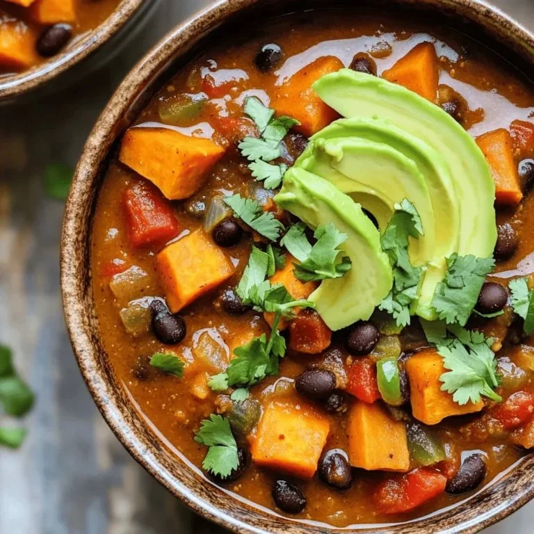 Vegan sweet potato black bean chili served in a bowl with toppings