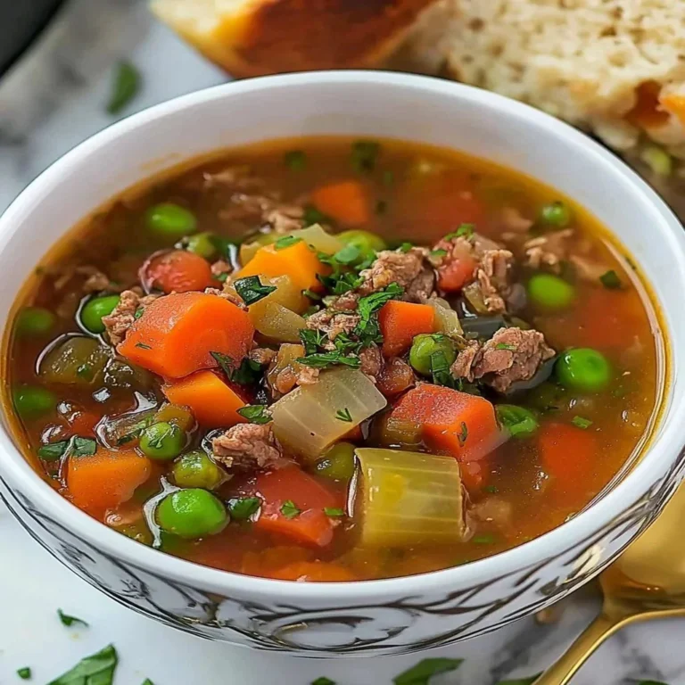 Bowl of homemade vegetable beef soup with fresh ingredients and herbs