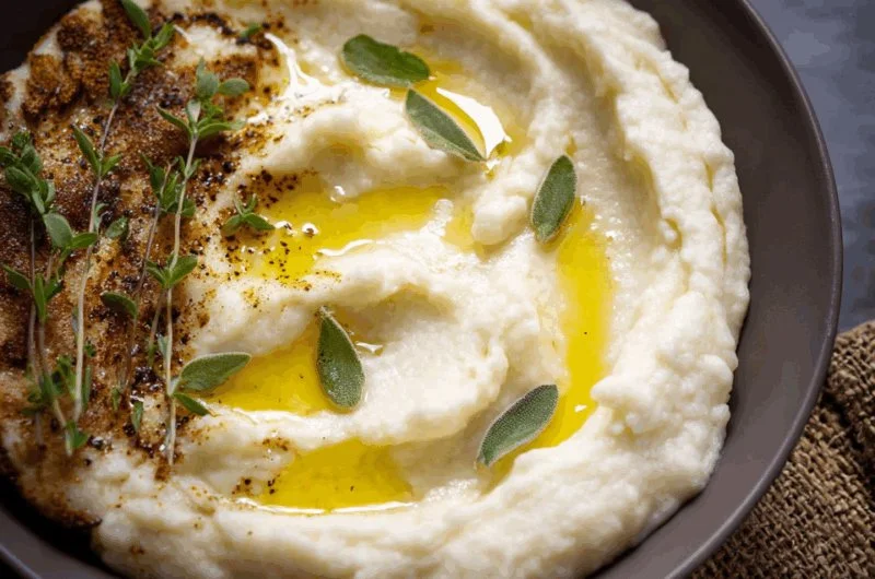 Creamy whipped cauliflower served as a healthy AIP alternative to mashed potatoes