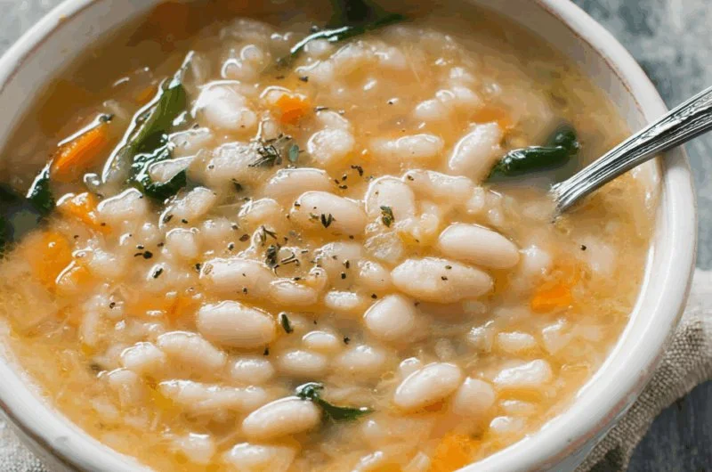 Bowl of creamy white bean soup garnished with fresh herbs