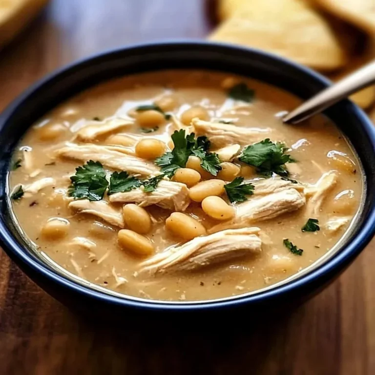 Bowl of white chicken chili topped with fresh cilantro and lime.
