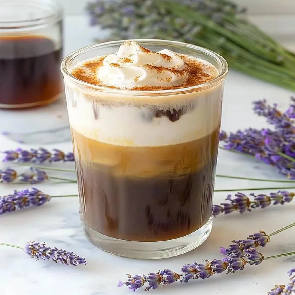 Delicious white chocolate lavender cold brew in a clear glass with lavender sprigs
