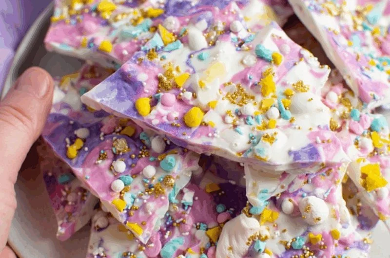 Colorful Yogurt Unicorn Bark with fruits and sprinkles