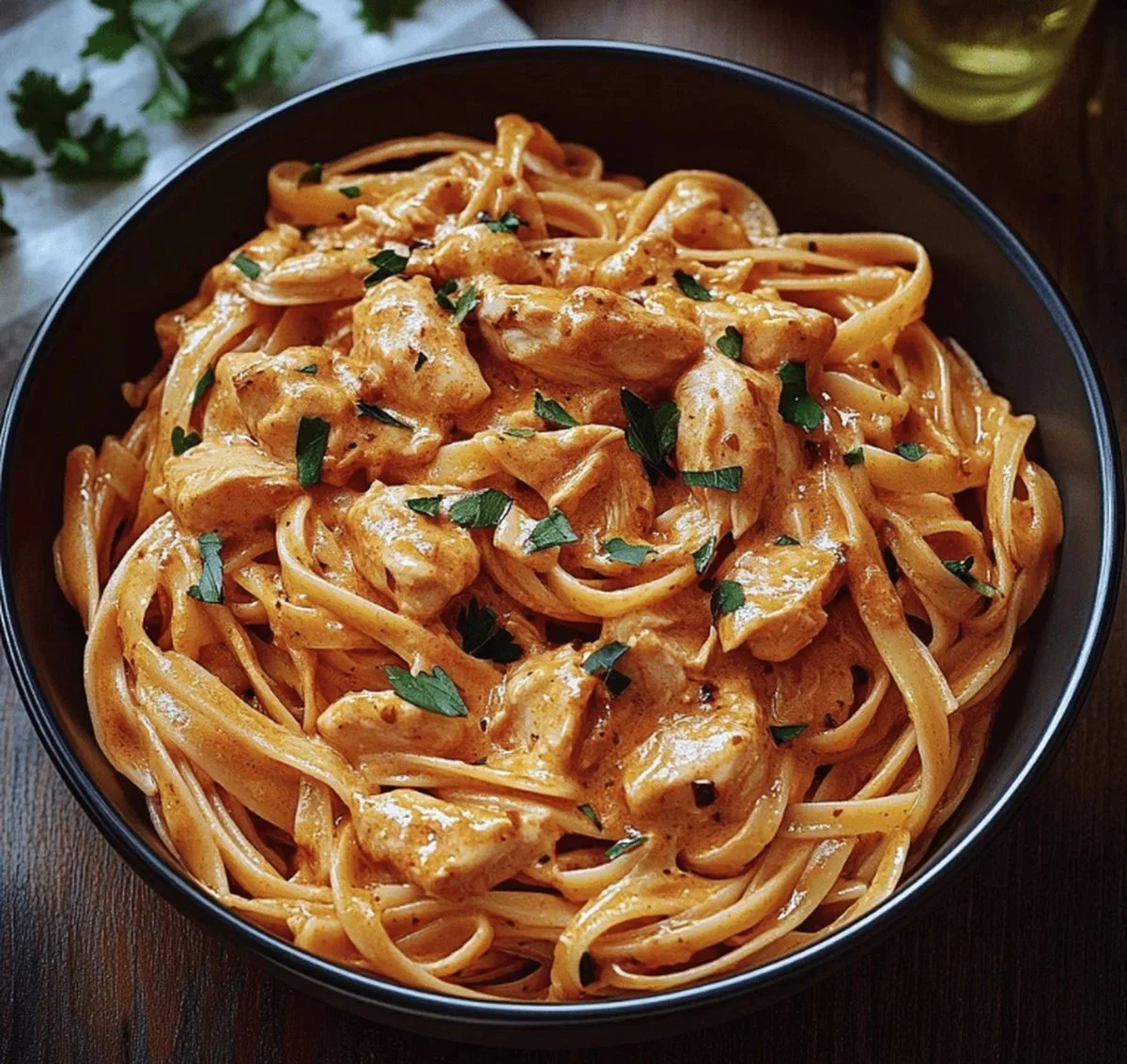 Zesty cowboy butter chicken linguine served in a bowl with fresh herbs.