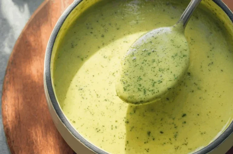 Bowl of creamy zucchini soup garnished with fresh herbs