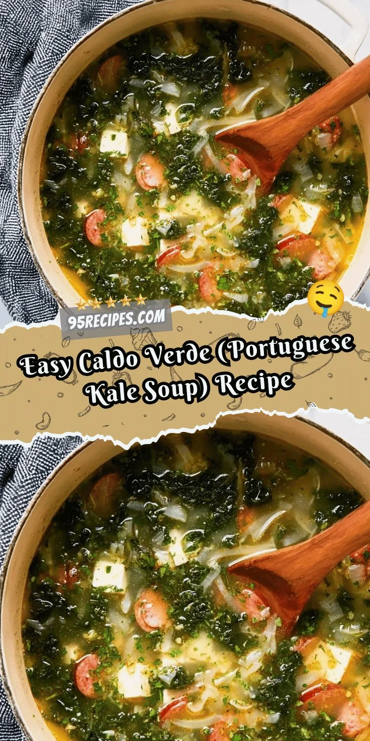 Bowl of easy Caldo Verde, a traditional Portuguese kale soup with potatoes and sausage.