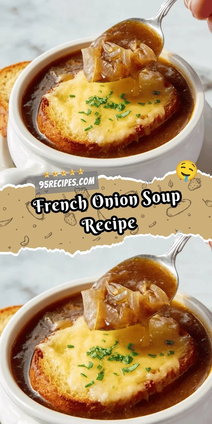 Delicious bowl of homemade French onion soup topped with melted cheese and croutons