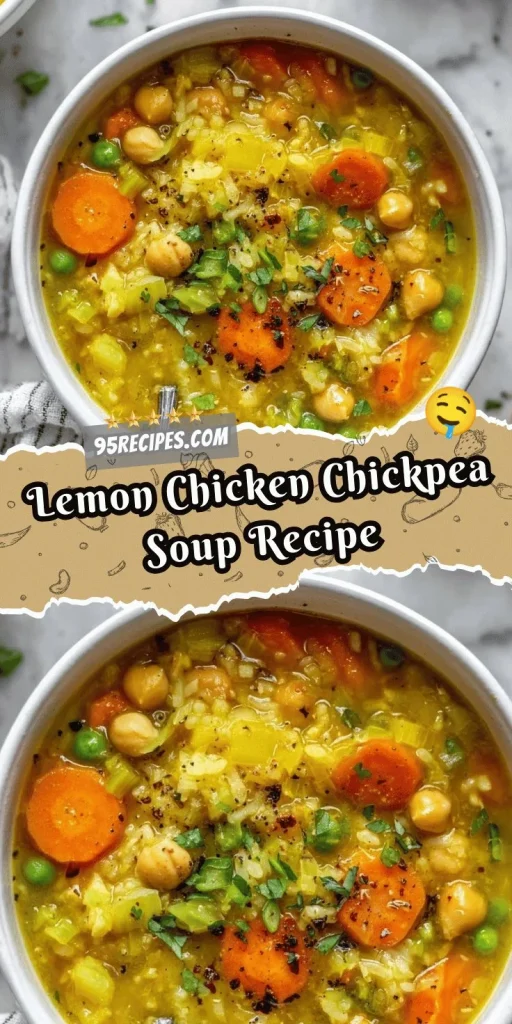 A bowl of Lemon Chicken Chickpea Soup garnished with herbs and lemon slices.