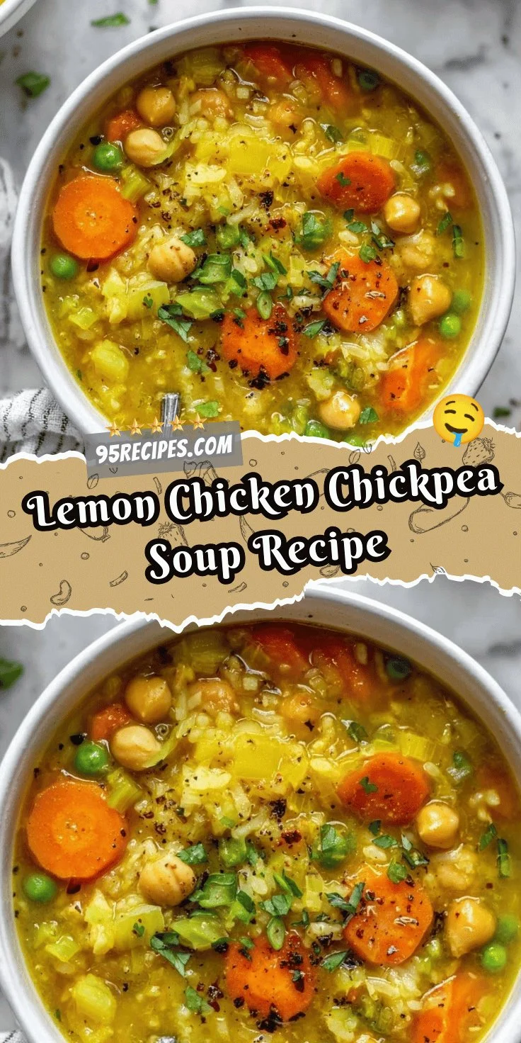 A bowl of Lemon Chicken Chickpea Soup garnished with herbs and lemon slices.