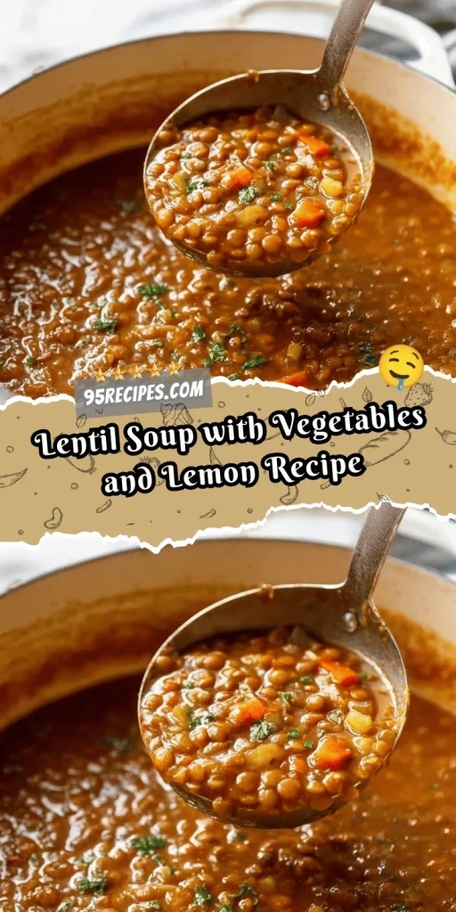 Bowl of vibrant lentil soup with vegetables and lemon slices