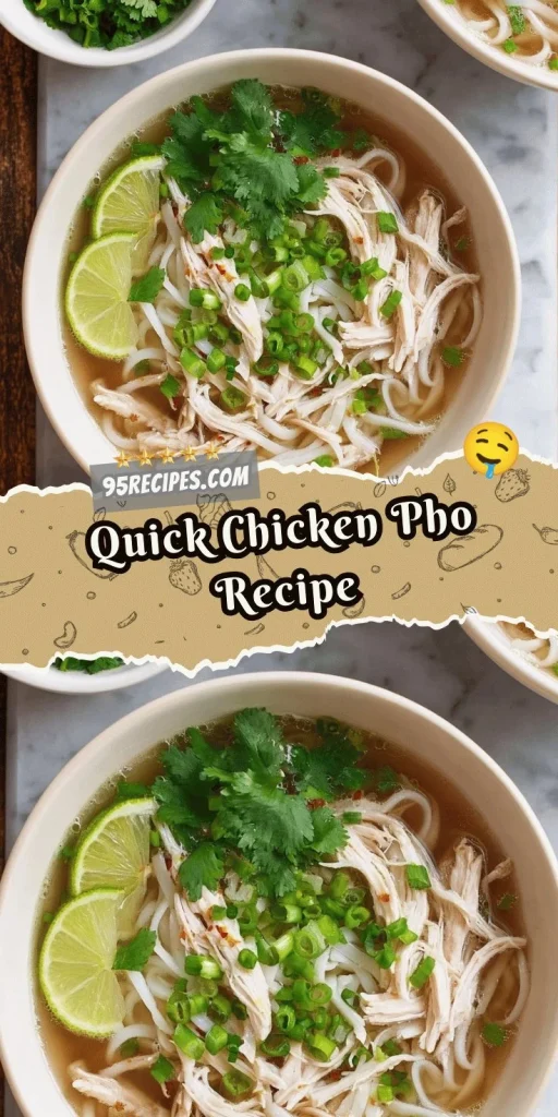 Bowl of steaming Quick Chicken Pho garnished with fresh herbs and lime.