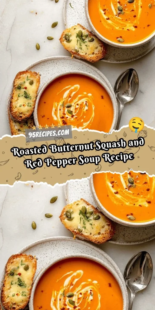 Bowl of roasted butternut squash and red pepper soup garnished with herbs