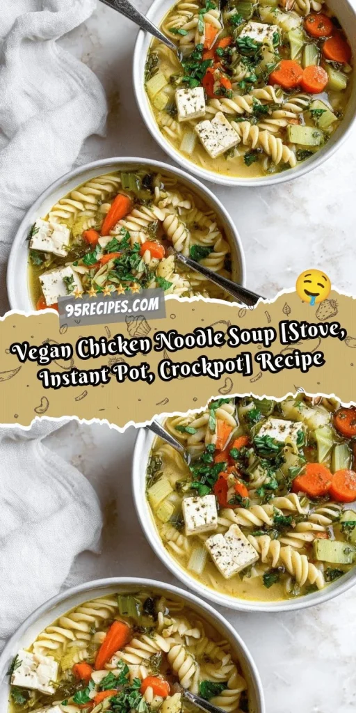 Bowl of Vegan Chicken Noodle Soup made in Stove, Instant Pot, or Crockpot
