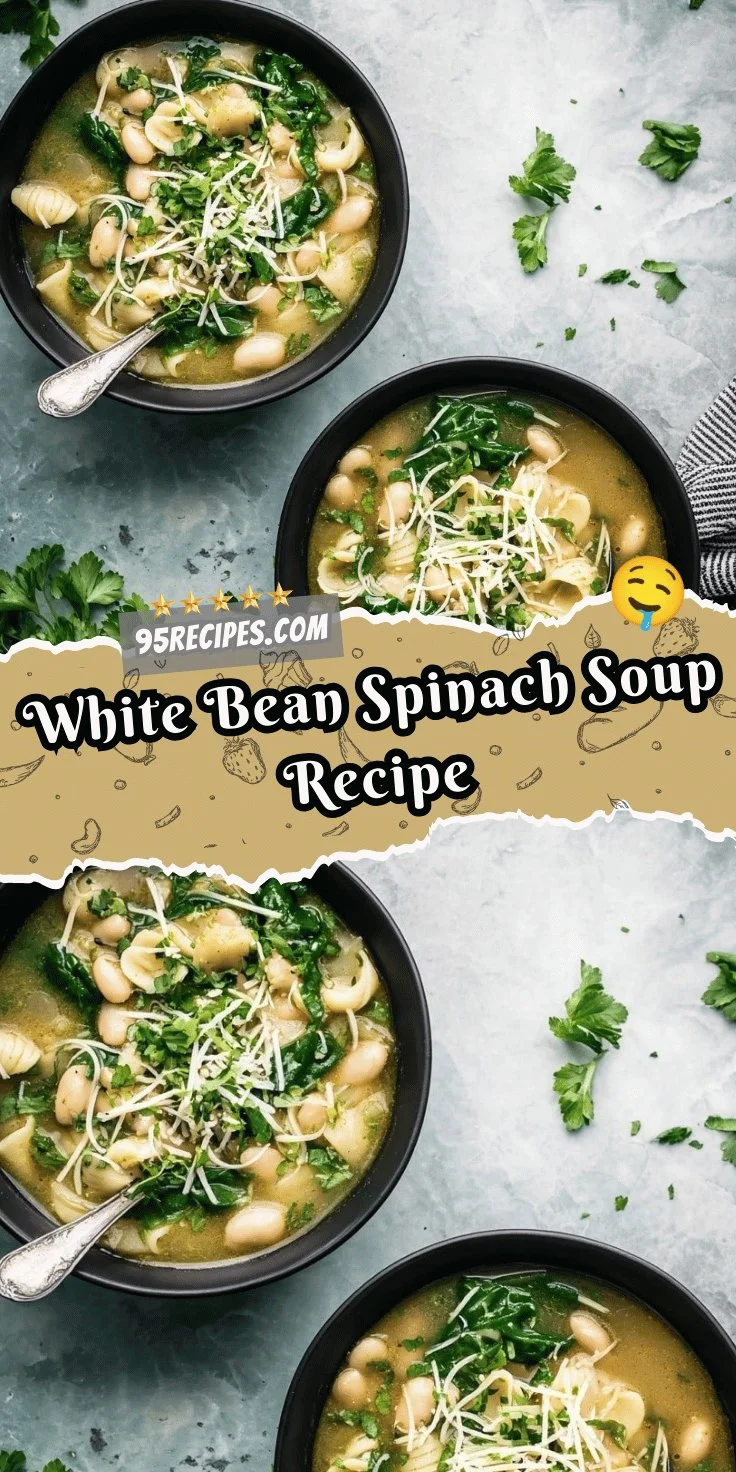 Bowl of white bean spinach soup garnished with fresh herbs